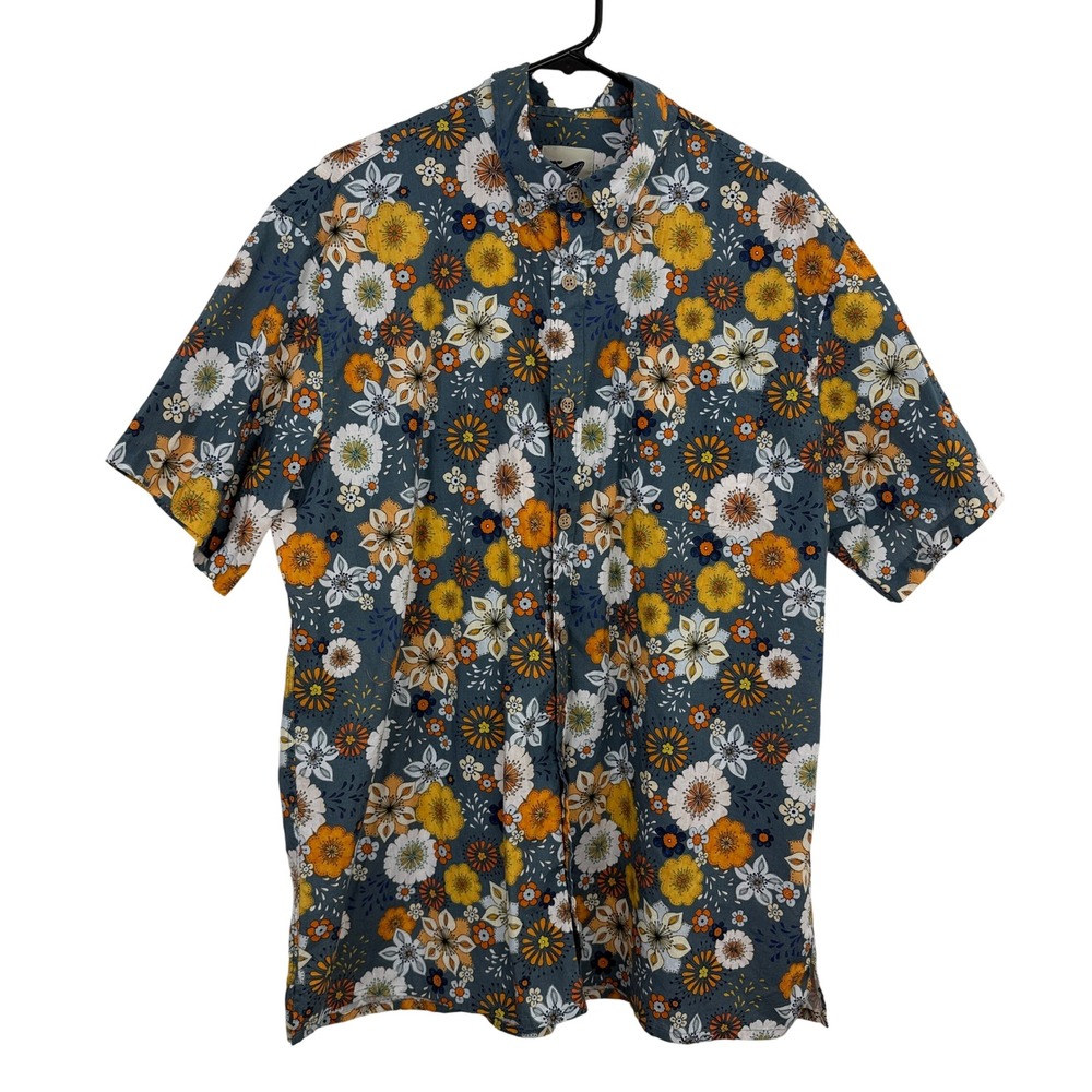 Yiume Shirt Mens XL Blue 60's Floral Print Short Sleeve Button Down 100% Cotton